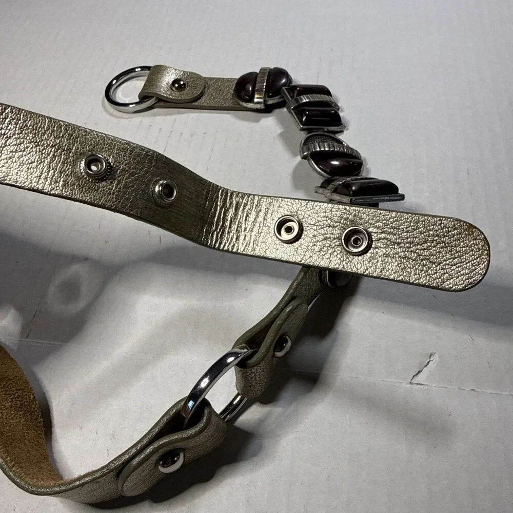 Vintage Chico's Metallic Silver Leather Geometric Cabochons Chain Hip Belt S/M